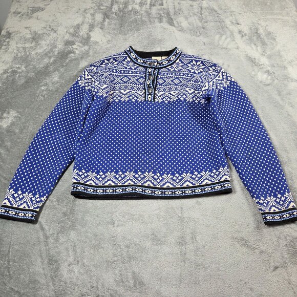 Vintage LL Bean Sweater Womens Small Blue Nordic Fair Lisle Henley Pullover - Picture 2 of 9